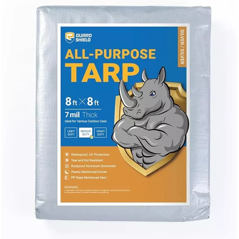 GUARD SHIELD Silver Tarp Waterproof 8×8 Feet Medium Duty All Purpose Poly Tarps Cover 7mil