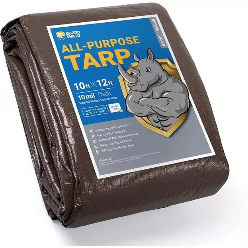 GUARD SHIELD Tarps Heavy Duty Waterproof 10×12 Feet Brown/Bright Silver Poly Tarp Cover Outdoor Thick UV Resistant Tarpaulin with Grommets 10mil