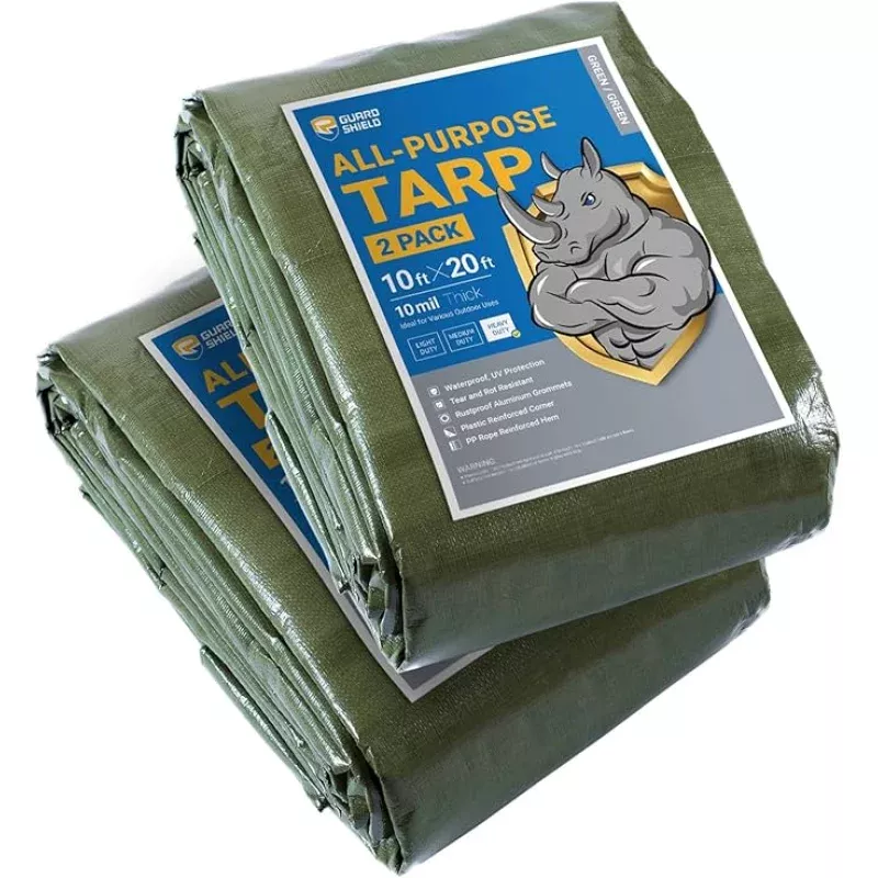 GUARD SHIELD Tarps Heavy Duty Waterproof 10×20 Feet Green Poly Tarp Cover Outdoor Thick UV Resistant Tarpaulin with Grommets 10mil (2-Pack)