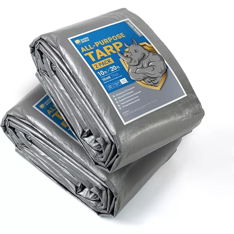 GUARD SHIELD Tarps Heavy Duty Waterproof 10×20 Feet Silver/Black Poly Tarp Cover Outdoor Thick UV Resistant Tarpaulin with Grommets 10mil (2-Pack)