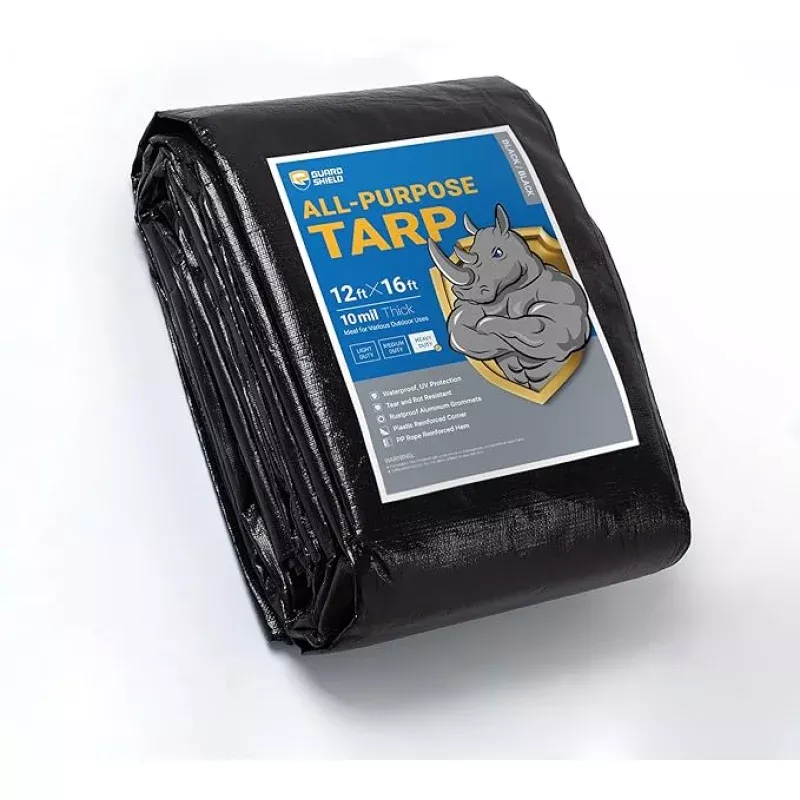 GUARD SHIELD Tarps Heavy Duty Waterproof 12×16 Feet Black Poly Tarp Cover Outdoor Thick UV Resistant Tarpaulin with Grommets 10mil (2-Pack)