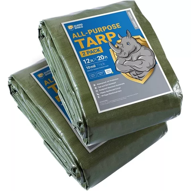 GUARD SHIELD Tarps Heavy Duty Waterproof 12×20 Feet Green Poly Tarp Cover Outdoor Thick UV Resistant Tarpaulin with Grommets 10mil (2-Pack)