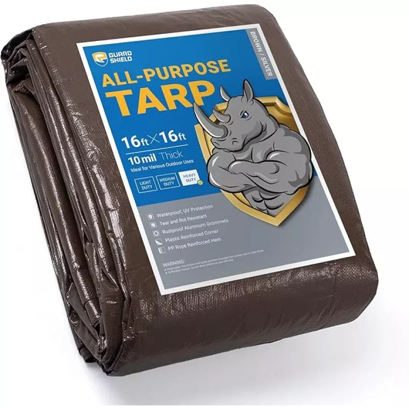 GUARD SHIELD Tarps Heavy Duty Waterproof 16×16 Feet Brown/Bright Silver Poly Tarp Cover Square Outdoor Thick UV Resistant Tarpaulin with Grommets 10mil