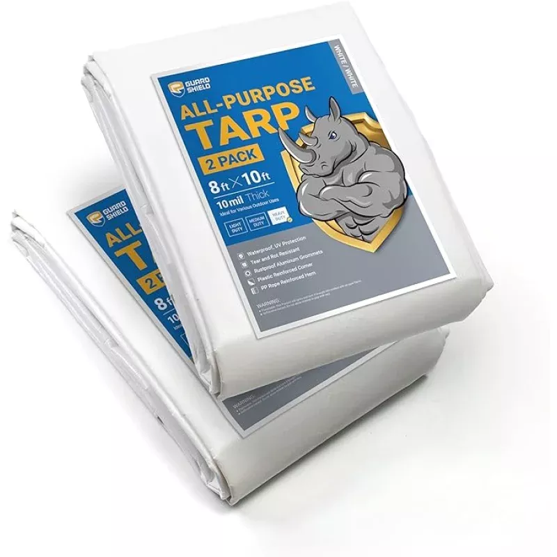 GUARD SHIELD Tarps Heavy Duty Waterproof 8×10 Feet White Poly Tarp Cover Outdoor Thick UV Resistant Tarpaulin with Grommets 10mil (2-Pack)