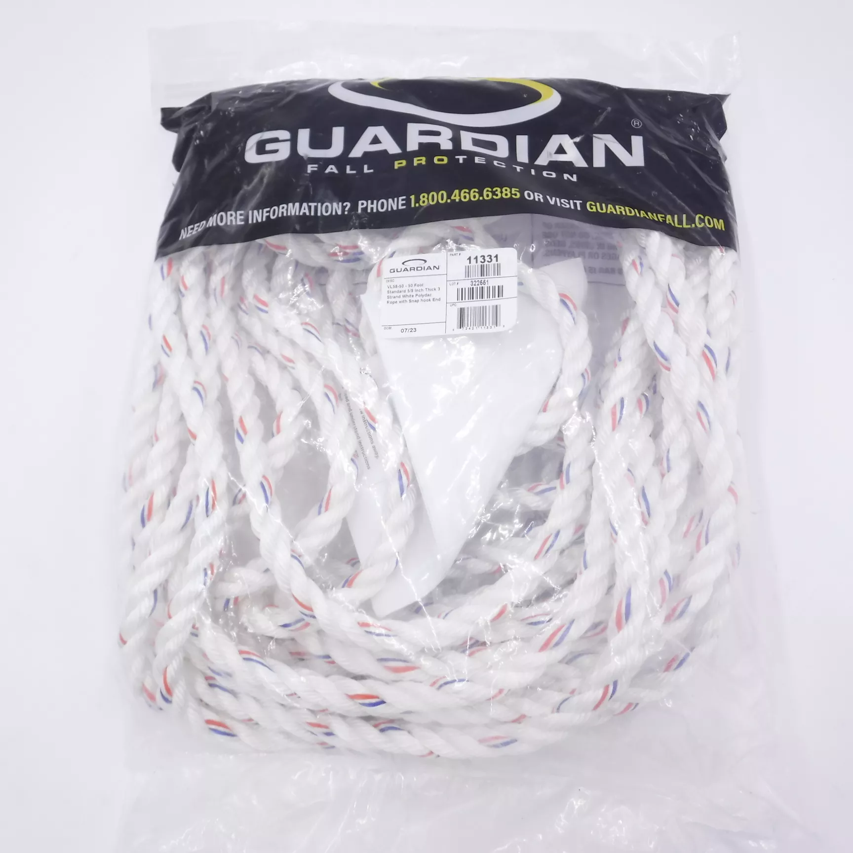Guardian Fall Protection 50′ Rope 3/8″ Thick 3 Strand w/Snap Hook End 11331