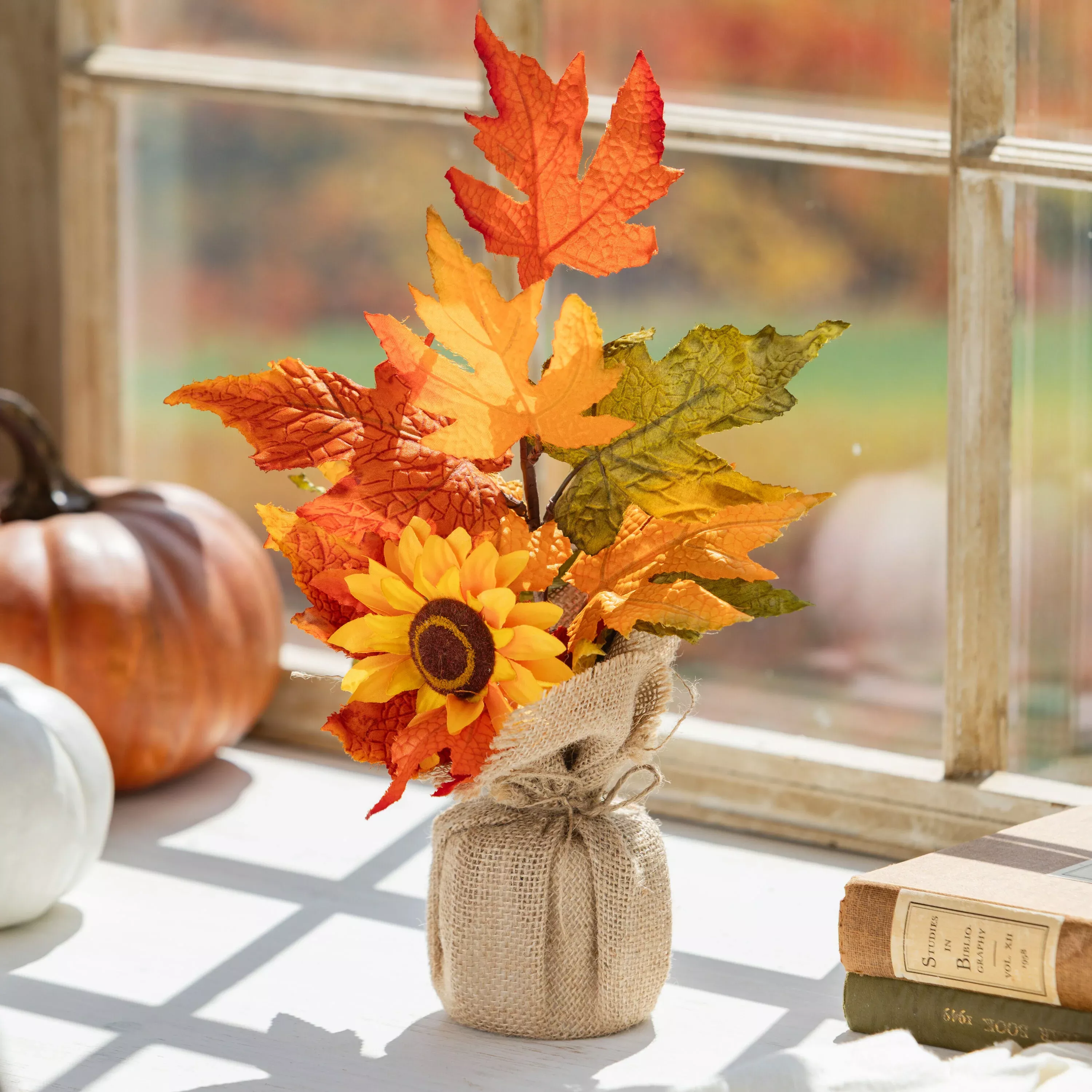 Harvest Blossom Faux Floral Table Décor, Autumn Sunflower with Burlap Base, 12"H