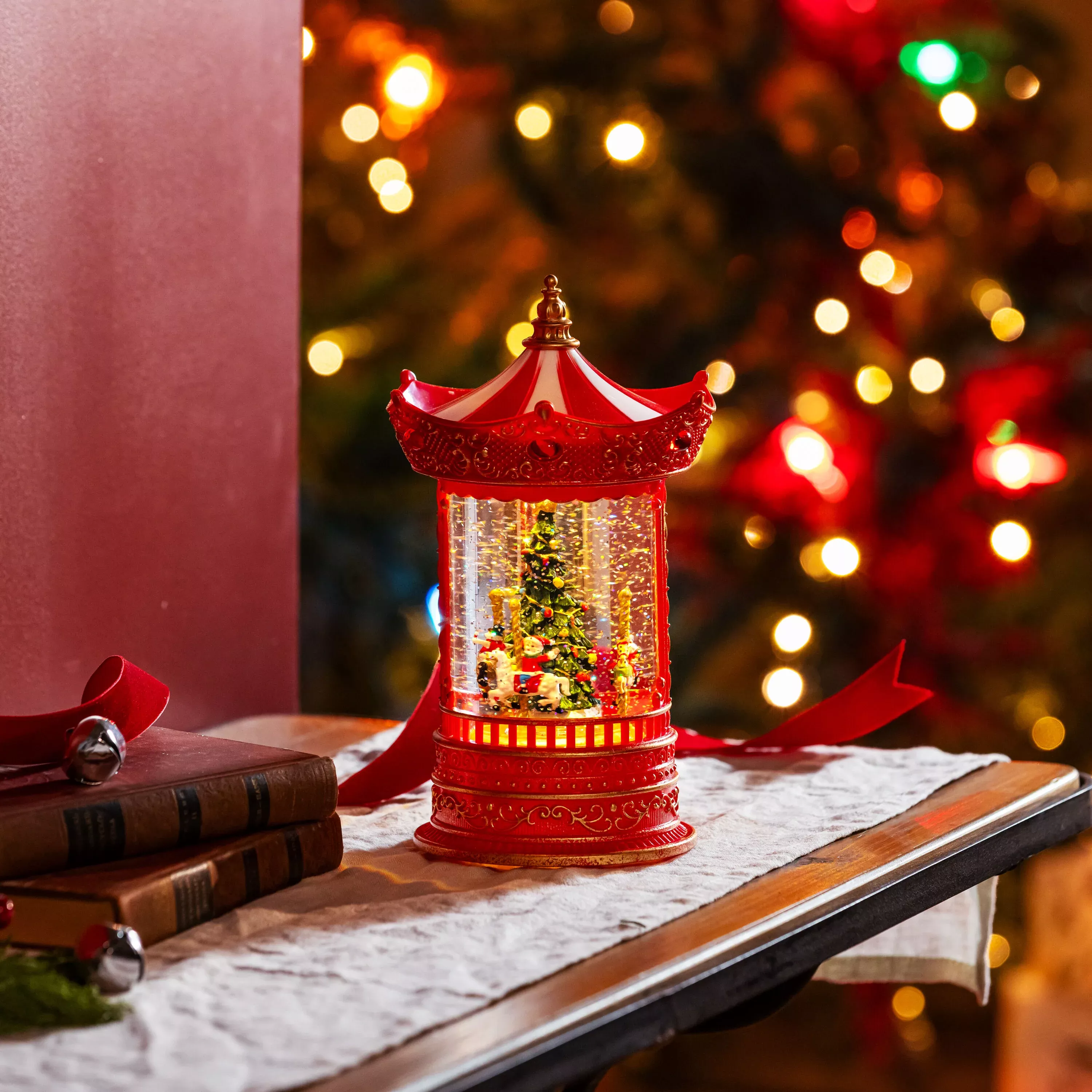 Heartfelt Cheer LED Table Décor Plastic Water Lantern, Spinning Merry Go Round, Music, 10.25"