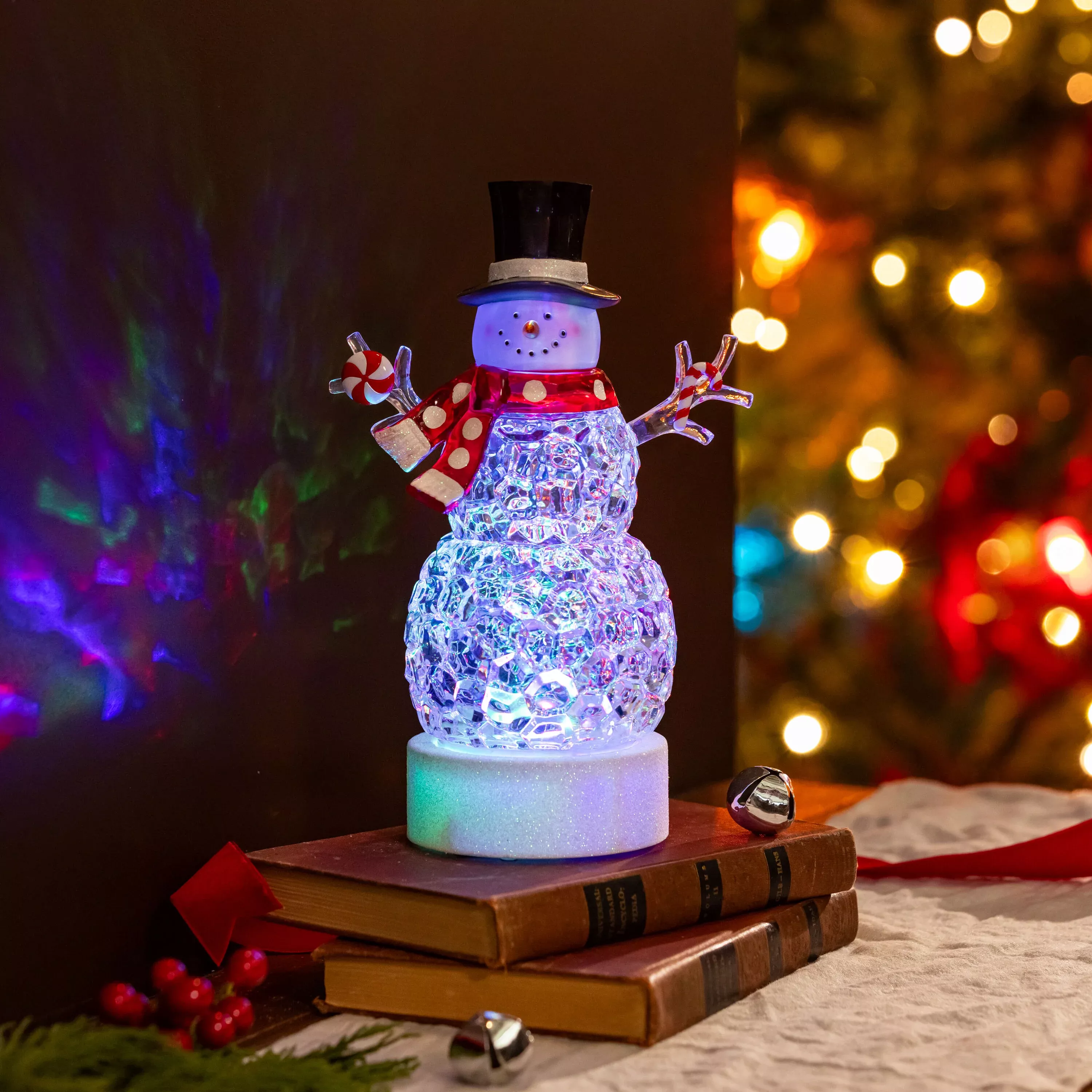 Heartfelt Cheer LED Table Decor Acrylic Color Changing Snowman with Rotating Base, 10.5"H