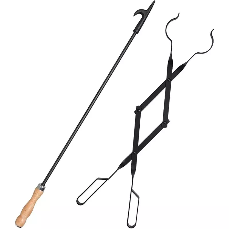 Heavy Duty 32 Long Fireplace Fire Pit Campfire Poker Stick and 26 Fireplace Tongs Tool Sets, Log Grabber, Rust Resistant Black Finish Camping Fireplace Tools for Indoor/Outdoor