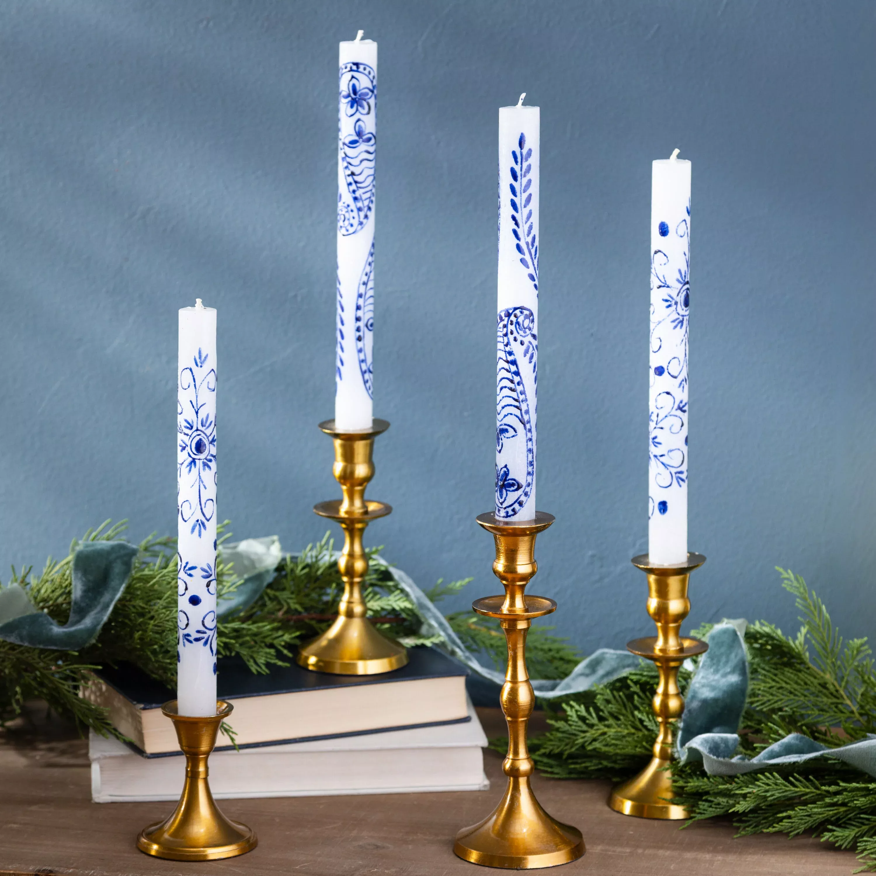 Henna Blue on White Taper Candles -4pk