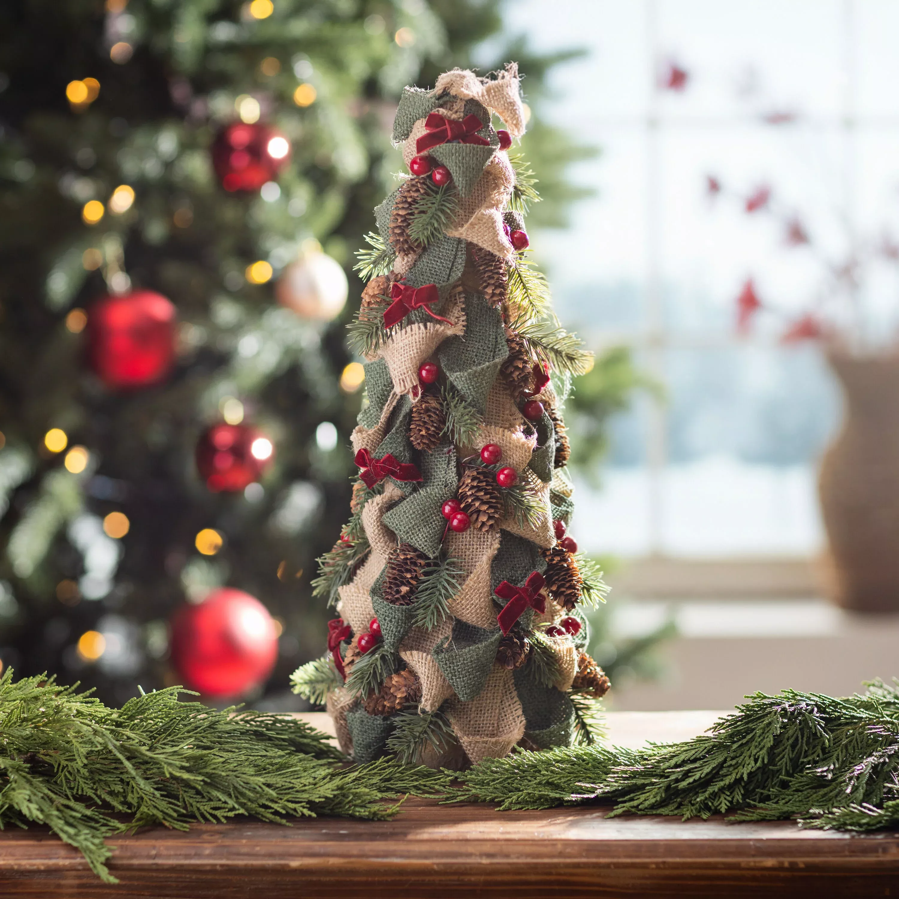 Holly Homestead Faux Floral Table Décor, Burlap Bow Tabletop Tree, 16"H
