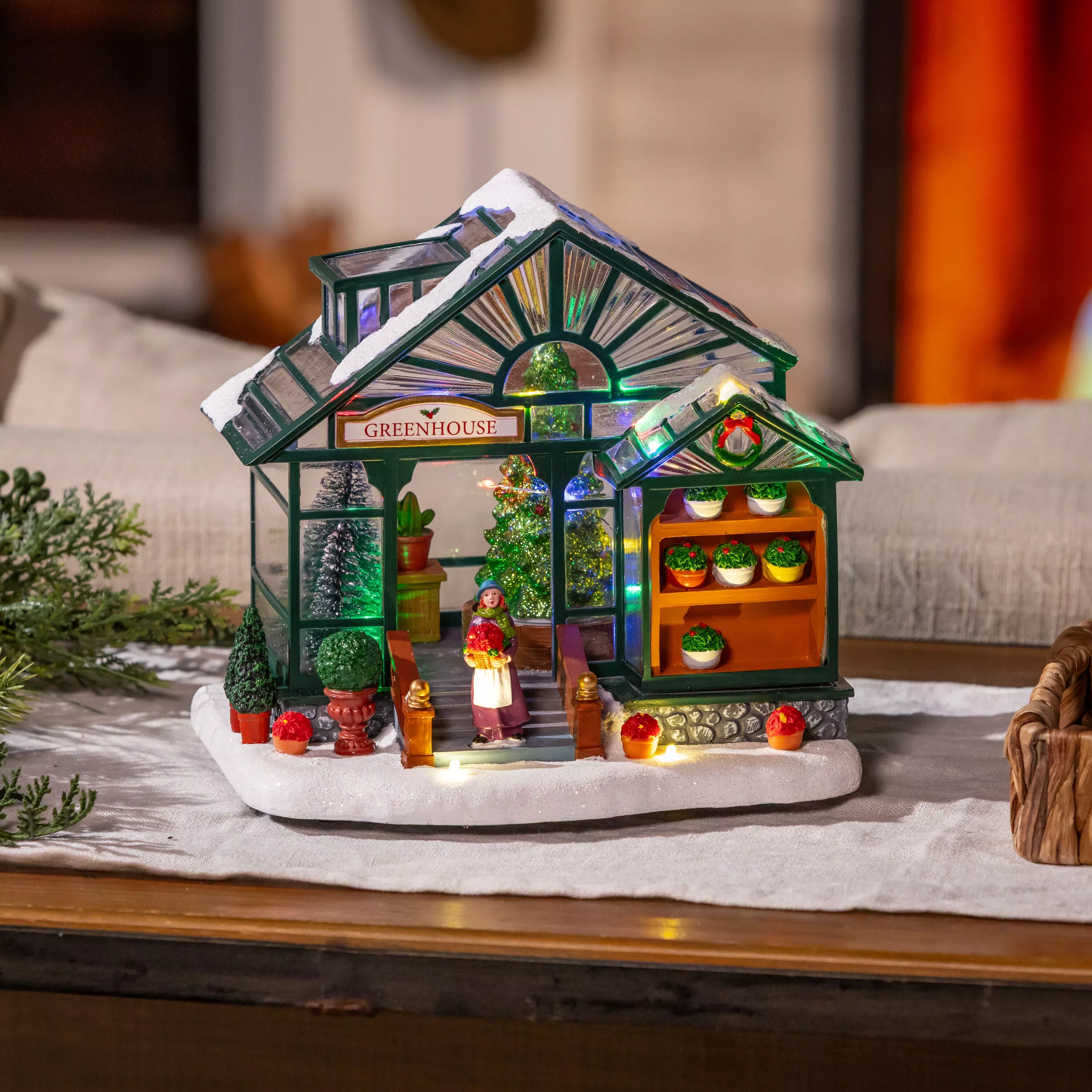 Holly Homestead LED Table Decor Greenhouse with Rotating Tree and Music, 8" x 7.5"