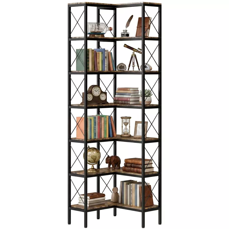 HOMCOM L-shaped Bookshelf 6-tier Bookcase With Metal Frame Rustic Brown
