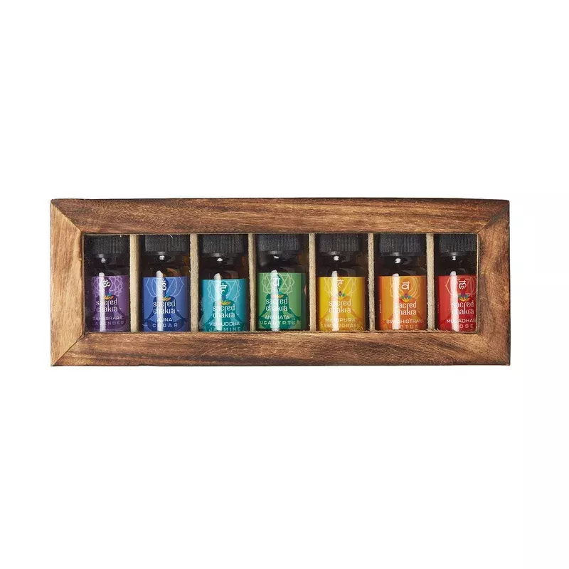 HOMESCAPES Chakra Essential Oils Gift Set With Mango Wood Case