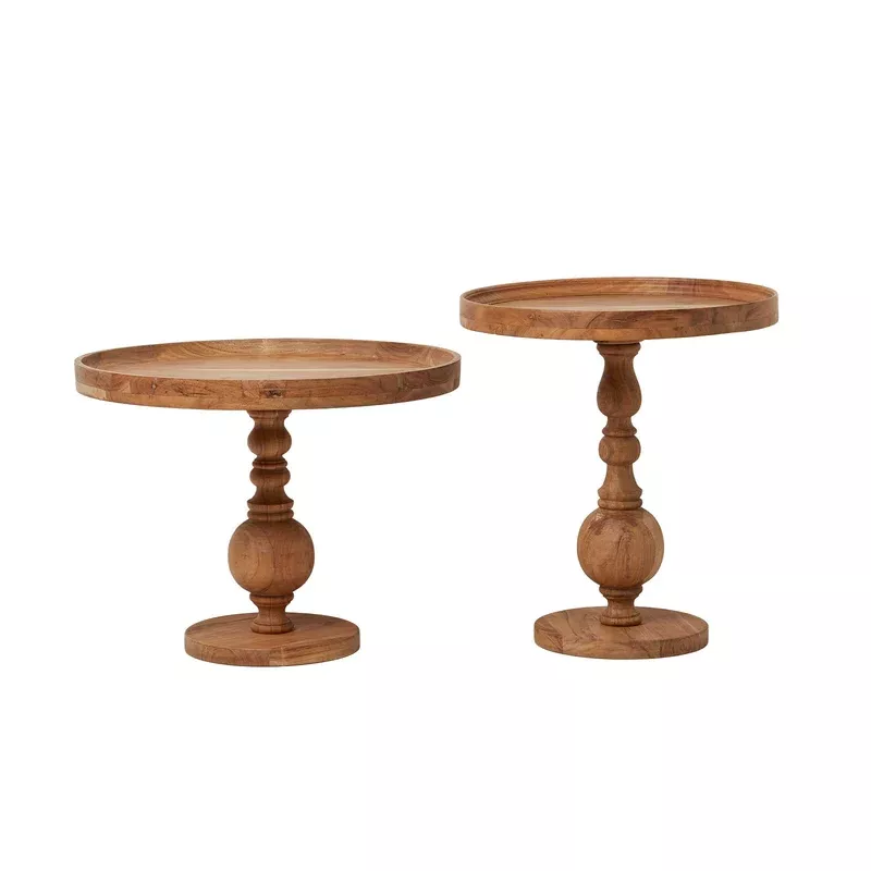 HOMESCAPES Pillar Solid Acacia Wood Side Tables Set Of 2
