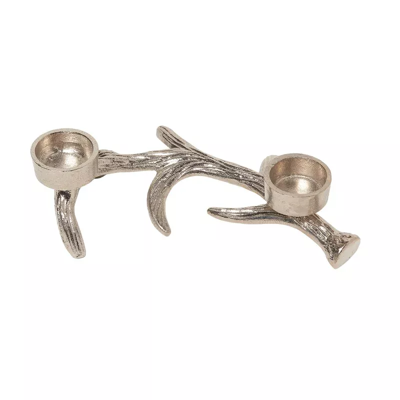 HOMESCAPES Silver Antler Dual Tea Light Holder