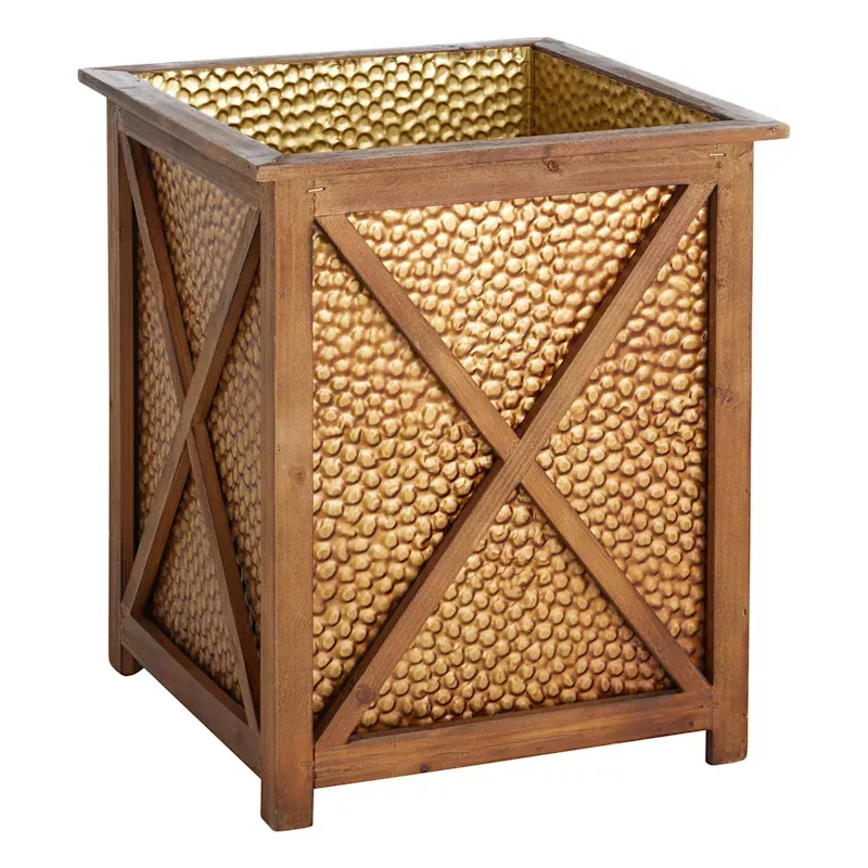Honey Hammered Metal & Wood Outdoor Planter, Medium