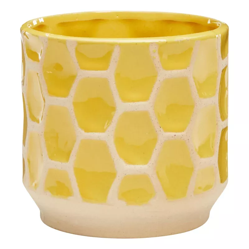 Honeycomb Indoor Yellow Patterned Stoneware Pot, Small