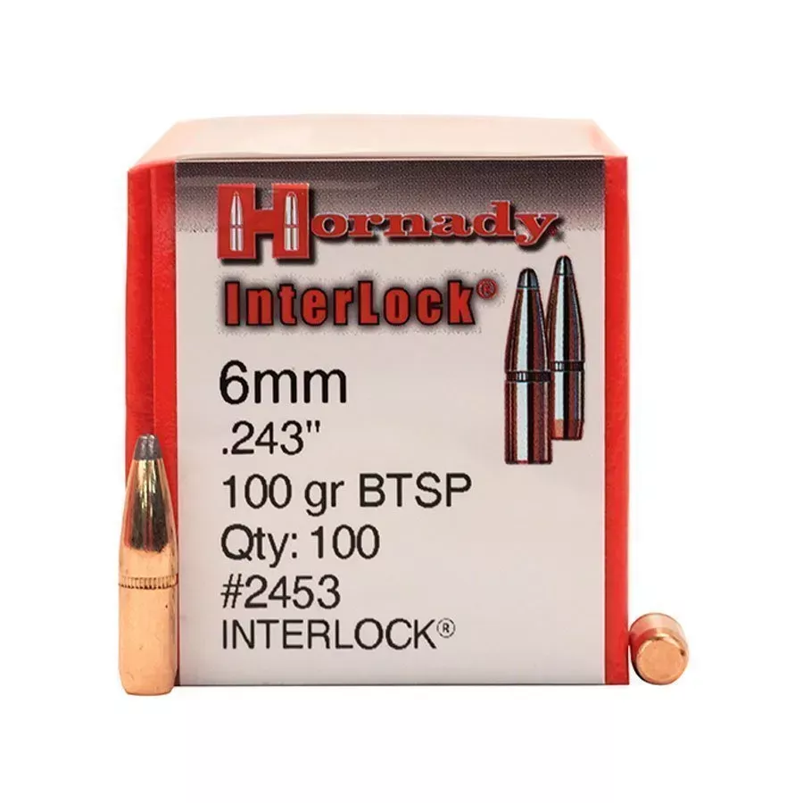 Hornady InterLock Bullets 243 Caliber, 6mm (243 Diameter) 100 Grain Boat Tail Spire Point Box of 100
