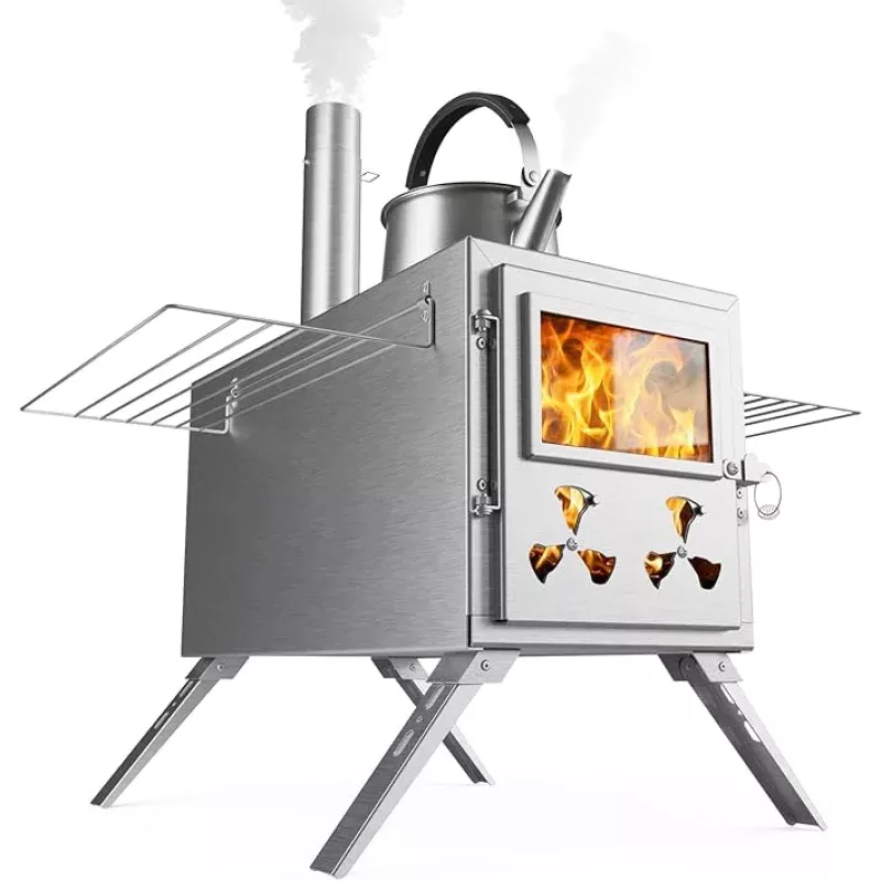 Hot Tent Wood Stove, Portable Camping Wood Burning Stove with 8 Stainless Chimney Pipes, Folding Wood Stove for Tent, Outdoor Heating, Cooking, Hunting, Ice Fishing
