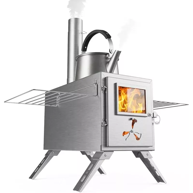 Hot Tent Wood Stove, Portable Wood Burning Stove with 7 Stainless Chimney Pipes, Camping Wood Stove for Outdoor Heating, Cooking, Ice Fishing, Hunting