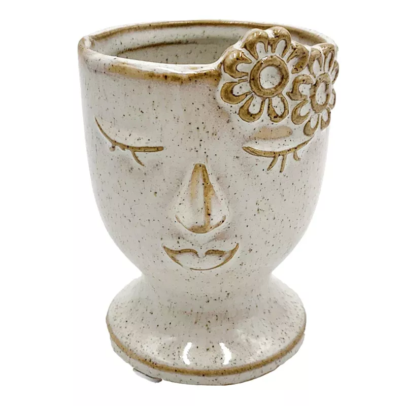 Indoor Mini Ceramic Face Pot with Bow, 4"
