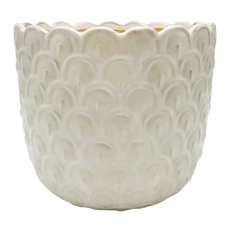 Indoor White Scalloped Ceramic Pot, Medium