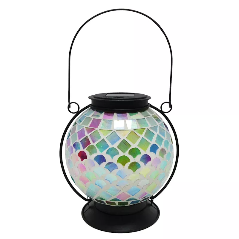 Iridescent Mosaic Glass Ball Solar Outdoor Lantern, 8"