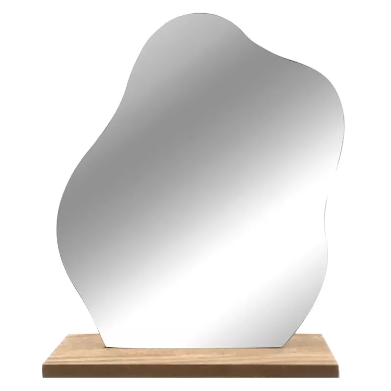 Irregular Shape Table Mirror on Wood Base, 9.5"