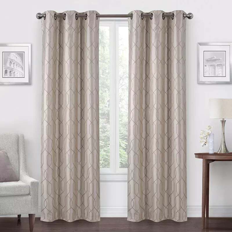 Ivory Linen Faux Silk Embroidered Blackout Grommet Curtain Panel, 84"