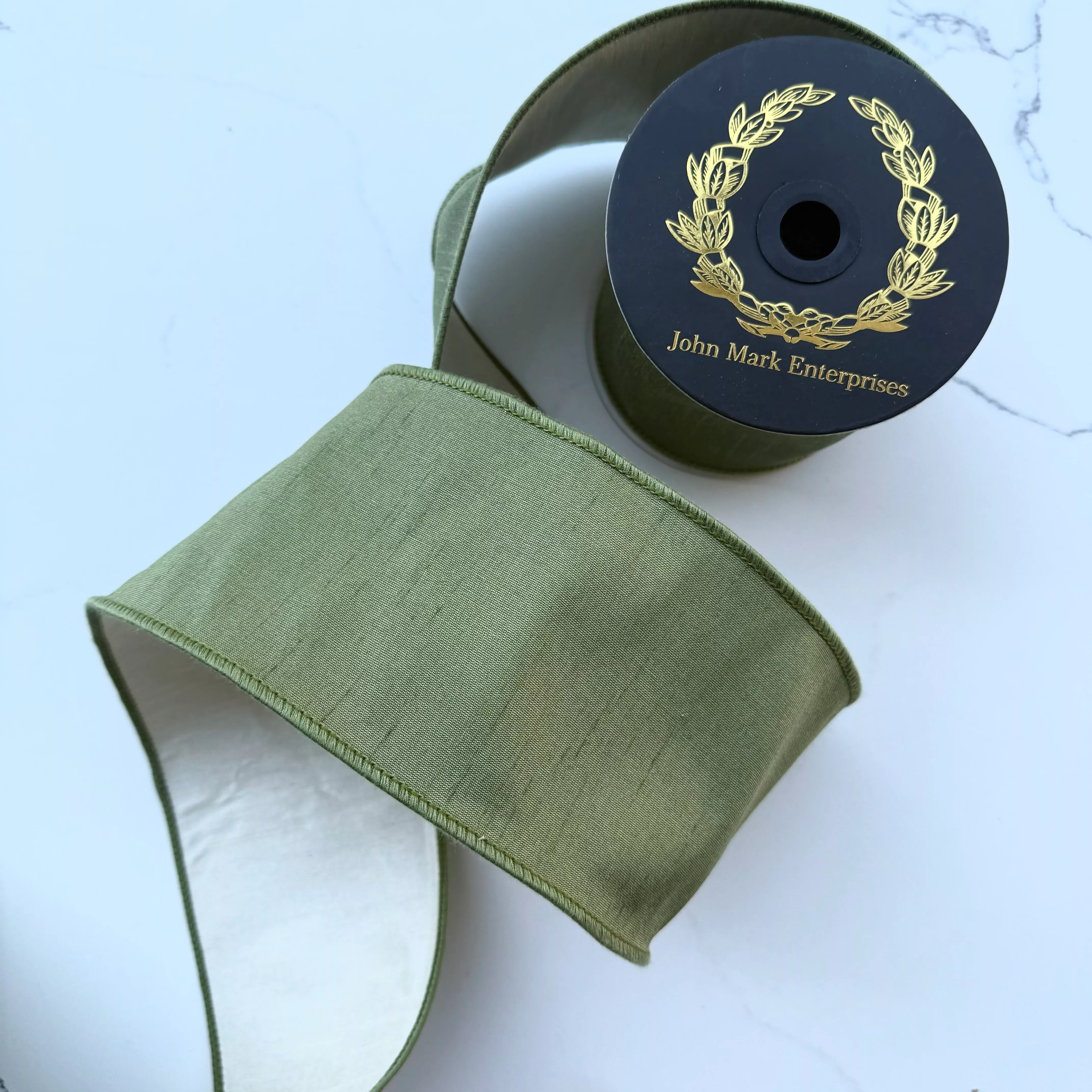 John Mark's - Dupion Double Sided Fused Ribbon, 4" Olive