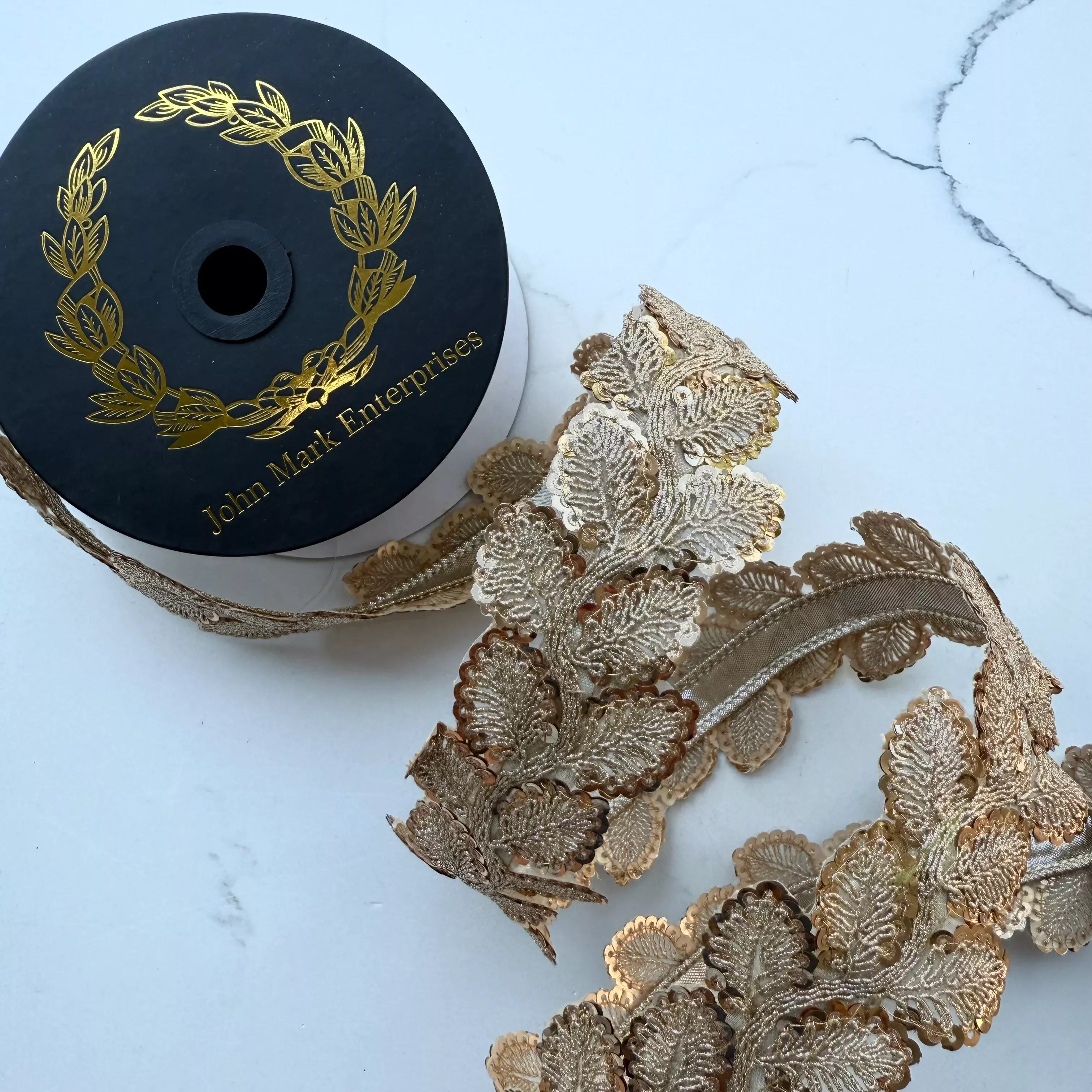 John Mark's - Dupion Gold Platinum Sequin Leaf Trim 2" Ribbon