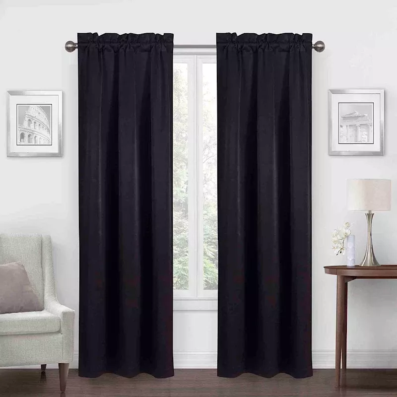 Jordan Black Satin Rod Pocket Light Filtering Curtain Panel, 84"