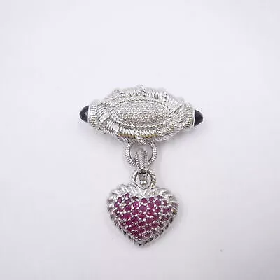 JUDITH RIPKA Pave CZ Faceted ONYX 925 Silver Brooch RUBY HEART Enhancer Pendant