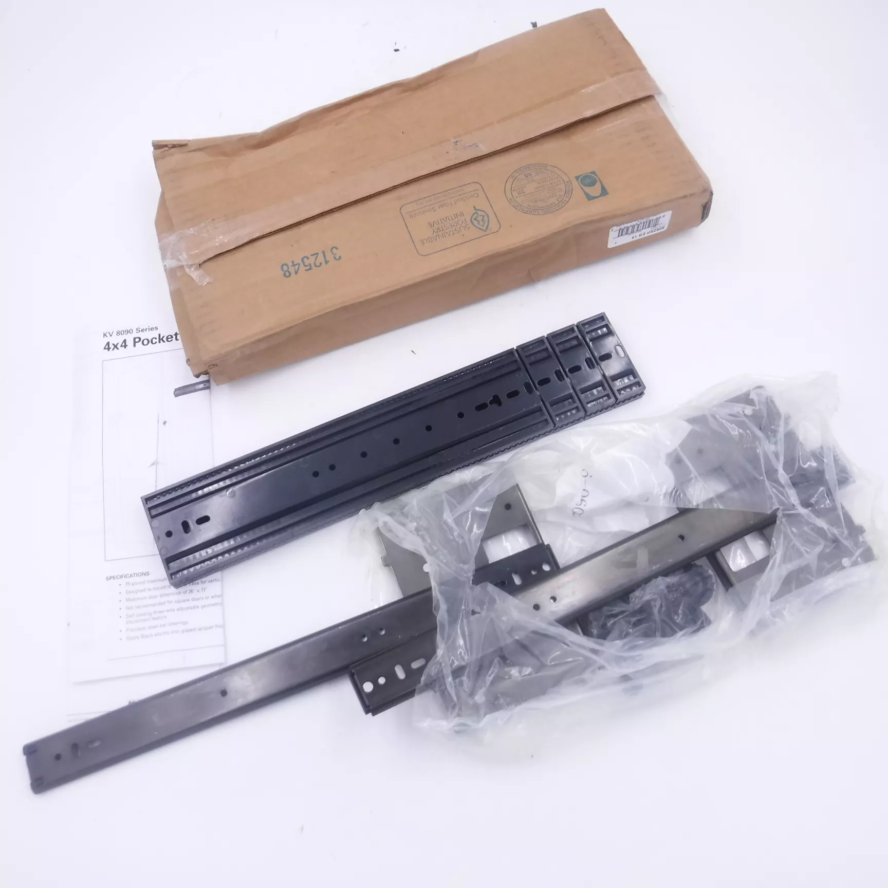 Knape and Vogt 8092 15″ Pocket Door Slide W/ Hinge Plates Black KV 8092SP EB 15