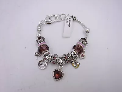 Landau Charm Bracelet June Birthstone Pink and Silver 8″