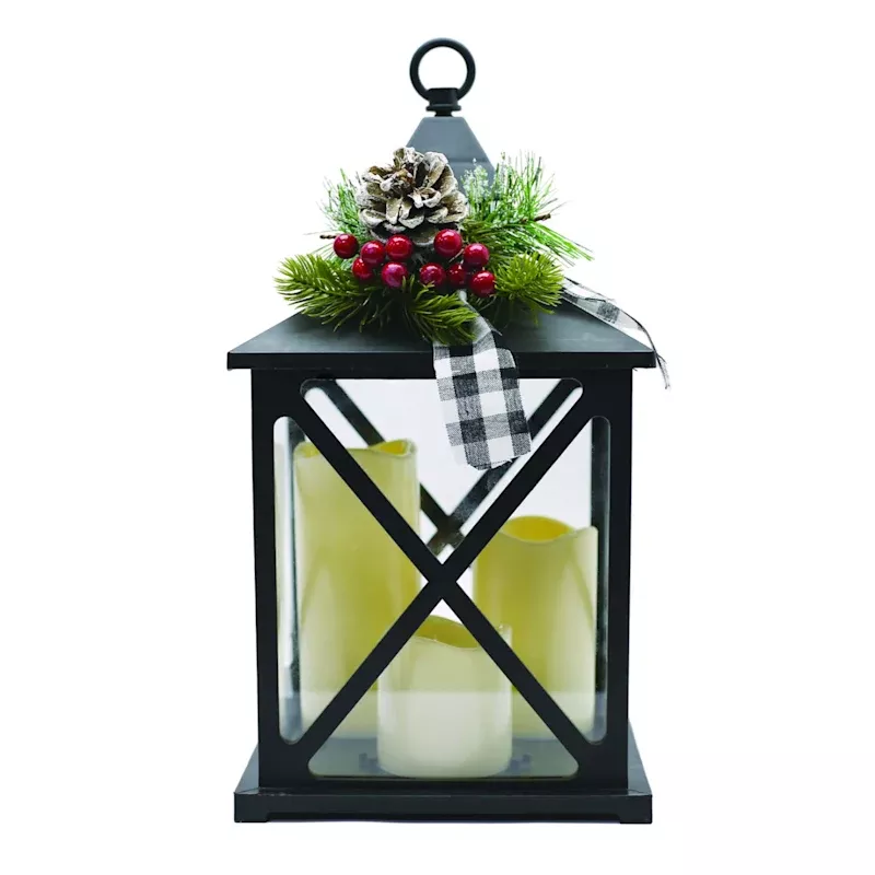 LED Black Lantern with Greenery, 12.8"