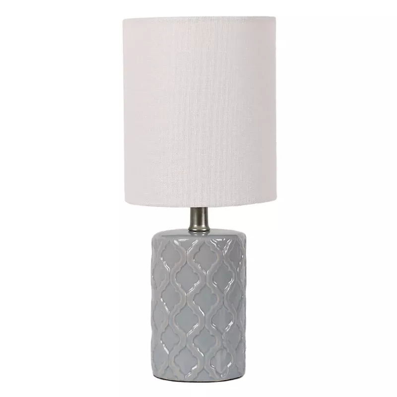 Light Blue Quatrefoil Ceramic Mini Table Lamp with Shade, 12"