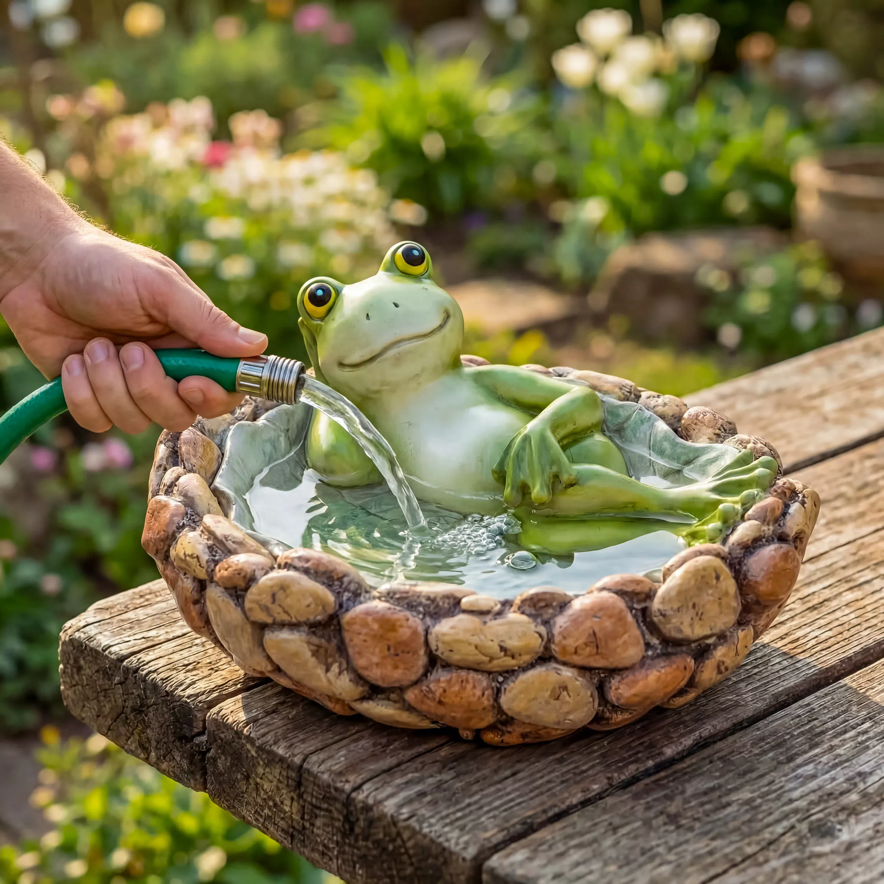 Lounging Frog Resin Bird Bath