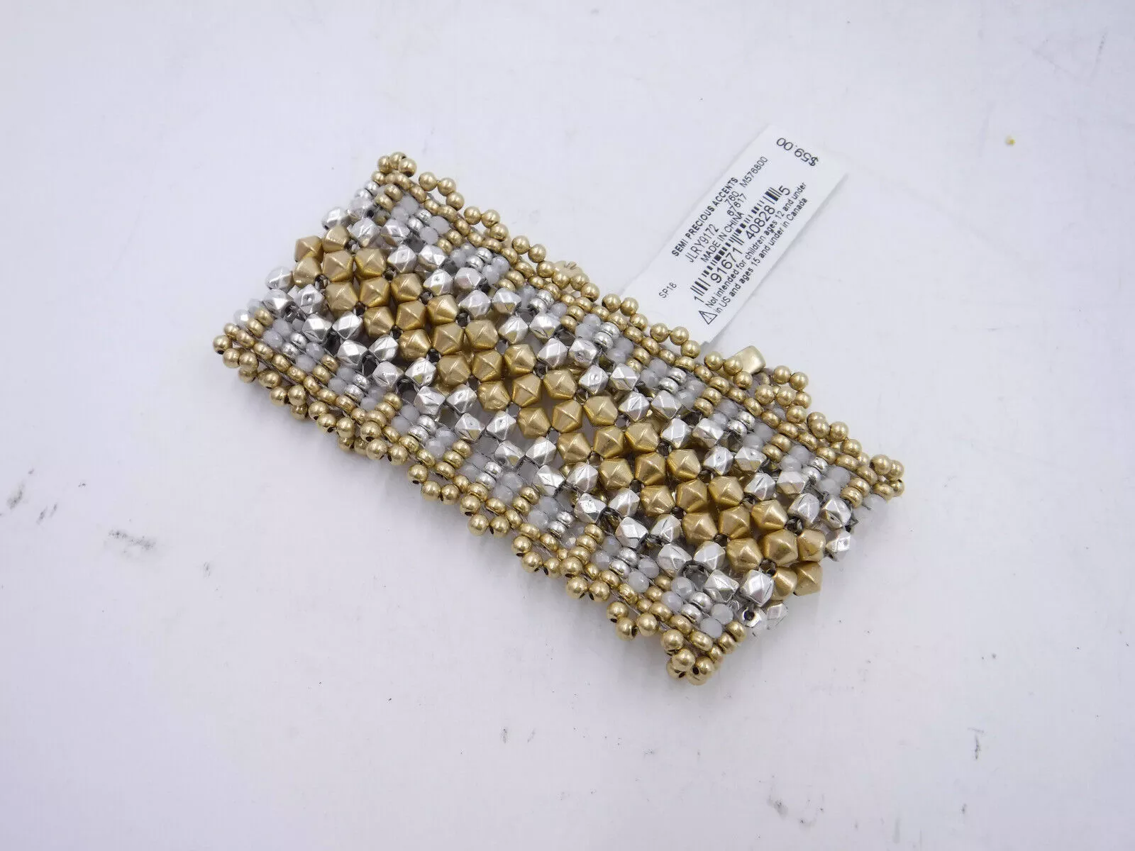 Lucky Brand Two Tone Beaded Statement Flexible Bracelet Gold, Silver, White