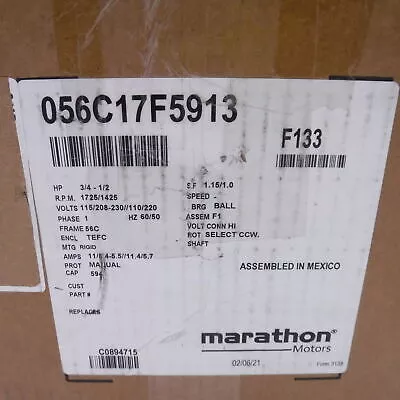 MARATHON MOTORS 056C17F5913,3/4 HP,1,725 RPM,115/208-230V General Purpose