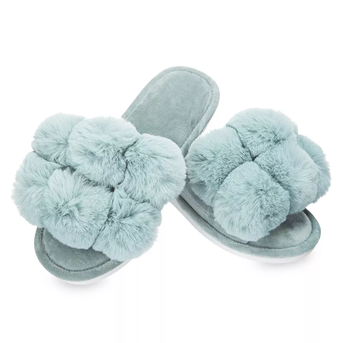 MeMoi - Luxe Pompom Plush Slipper, Sea Blue