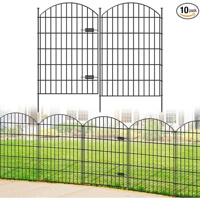 Metal Garden Fence with Gate 42in (H) x 23.3ft (L), 1 Gate+ 9 Panels Dog Fence Border Fence Animal Barrier, No Dig Garden Fencing for Yard Flower Bed Lawn Patio Outdoor, ECG4210, Black