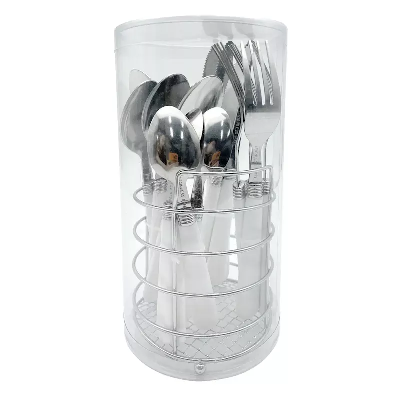 Metal & White Handle Flatware Set