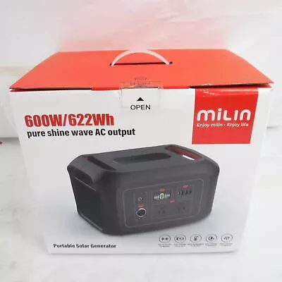 Milin 622Wh Portable Power Station, 600W, 110V AC Solar Generator Battery, USB