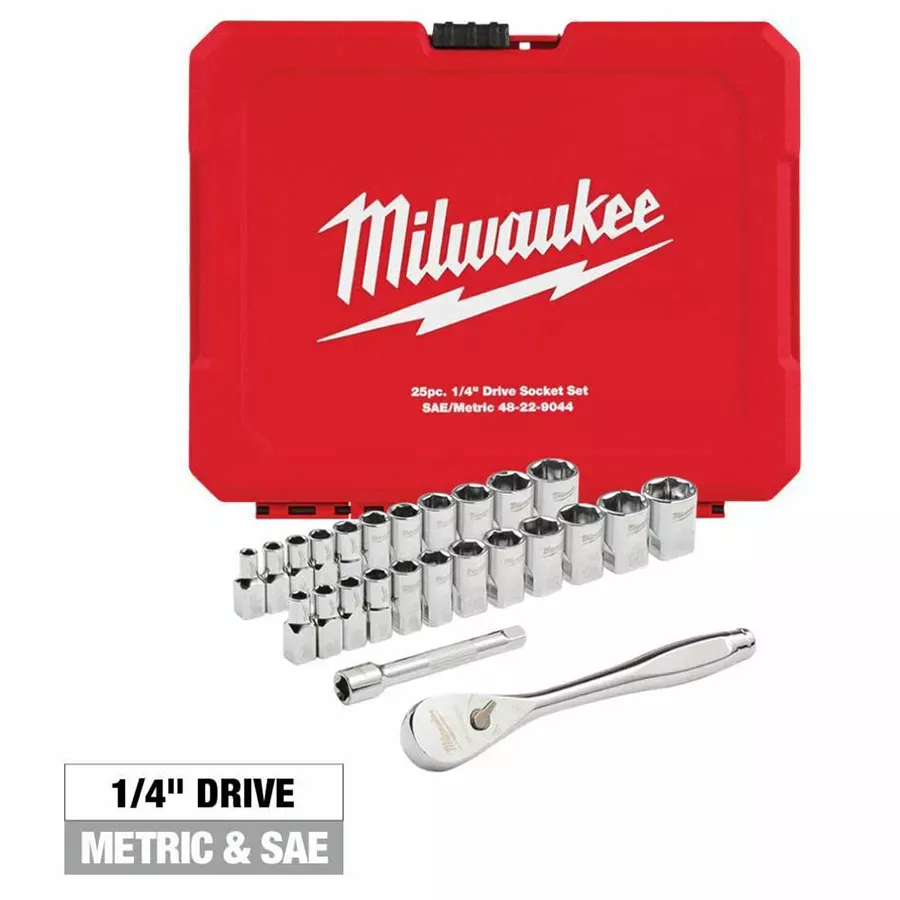 Milwaukee SAE/Metric 25pc 1/4" Drive Ratchet and Socket Set FOUR FLAT™ SIDES