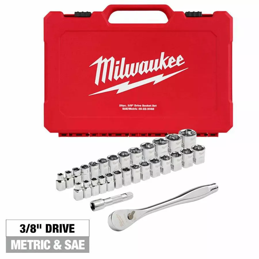 Milwaukee SAE/Metric 29pc 3/8" Drive Ratchet and Socket Set FOUR FLAT™ SIDES
