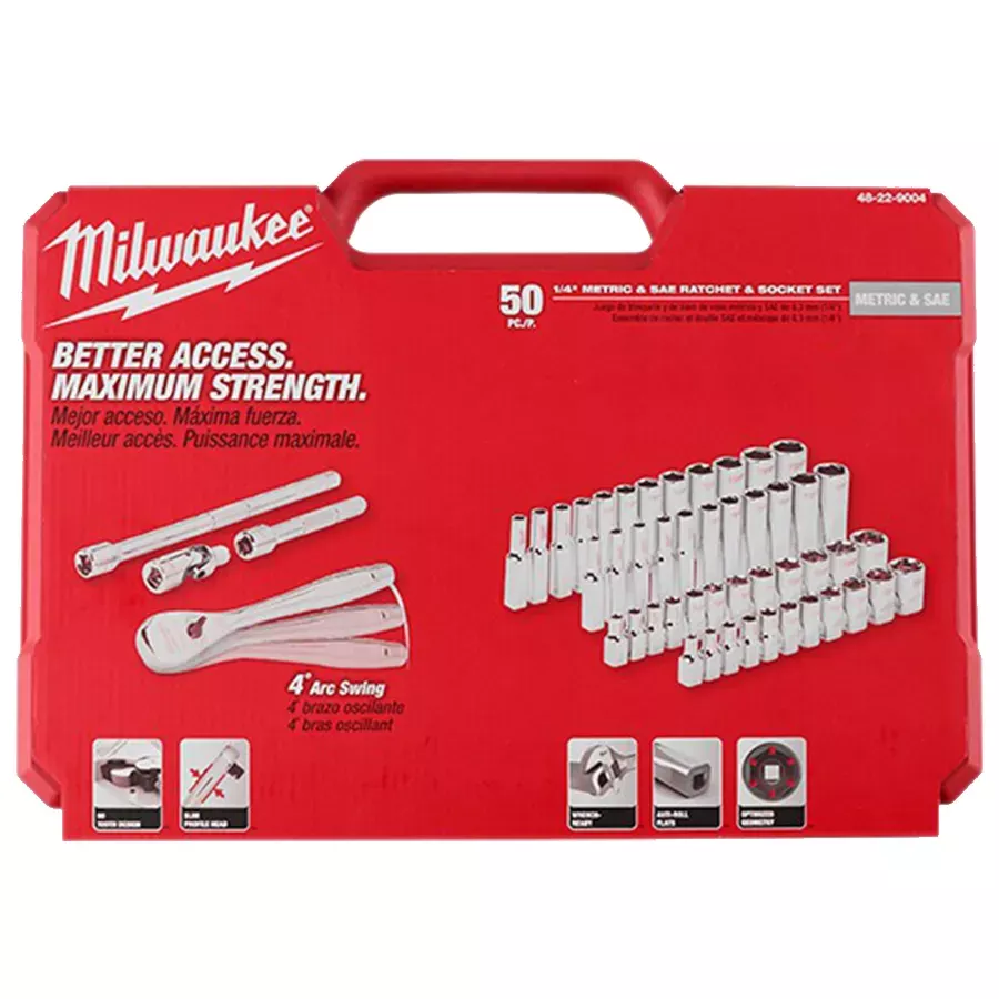 Milwaukee SAE/Metric 50pc 1/4" Drive Ratchet and Socket Set with FOUR FLAT™ Sides