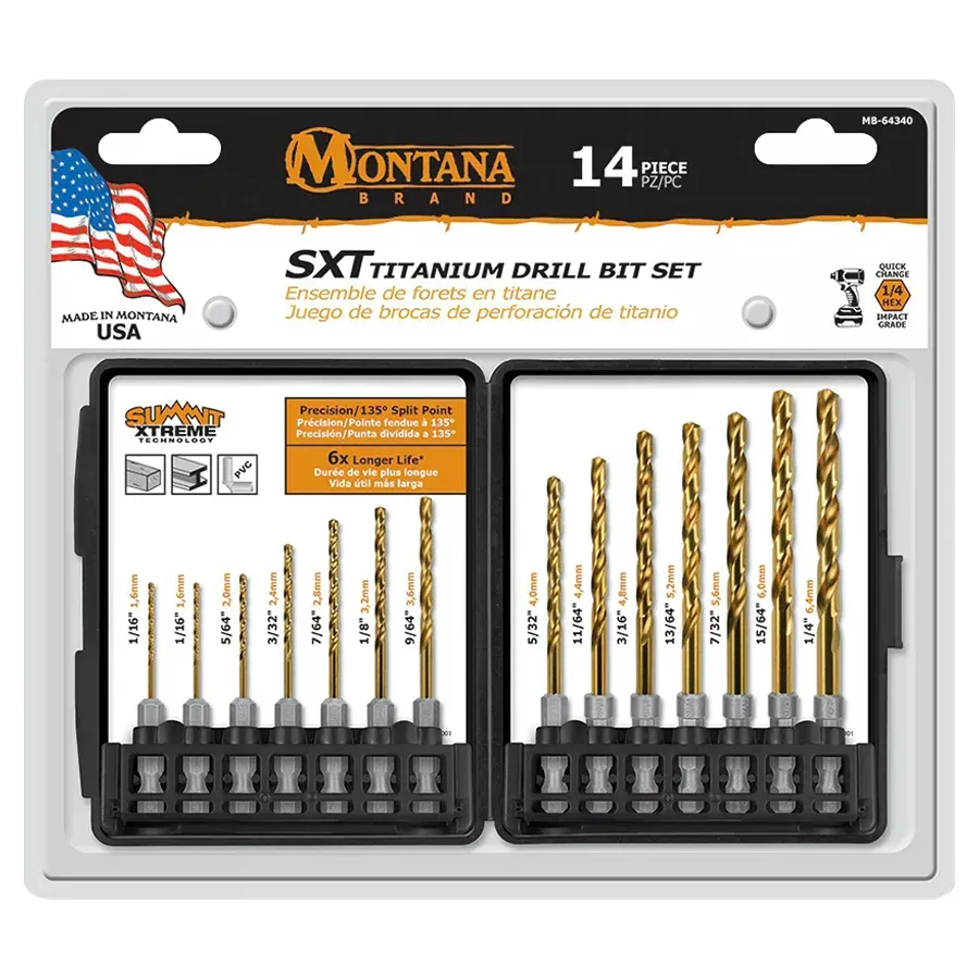 Montana Brand Titanium Coated Hex Shank Drill Bit Set - 14 pcs
