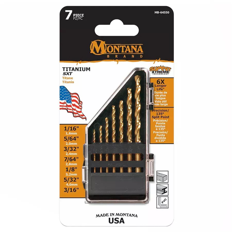 Montana Brand Titanium Coated Round Shank Drill Bits - 7 pcs
